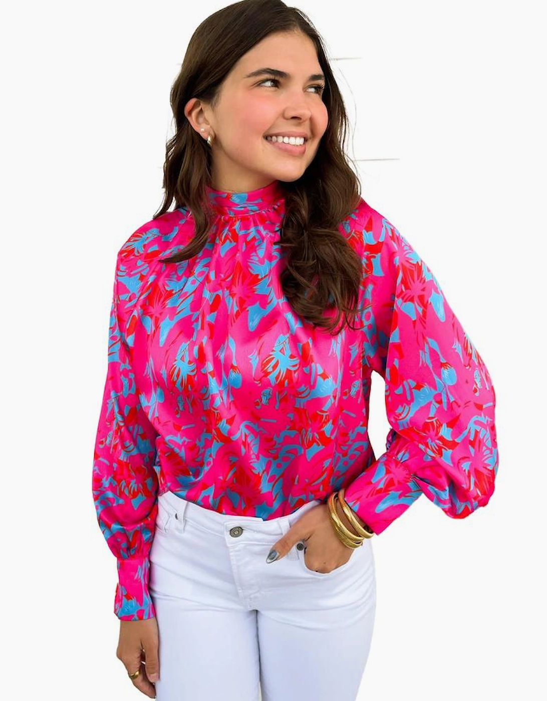 Purple Printed Bubble Sleeve Mock Neck Blouse