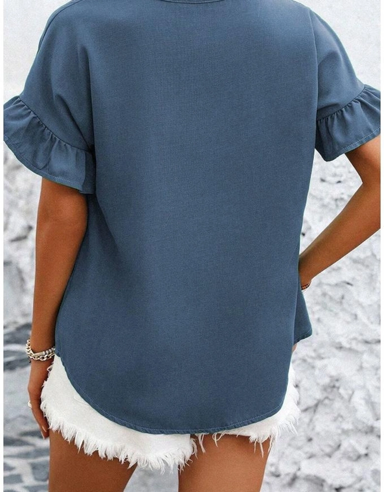 Real Teal Solid Color Ruffle Ruched Short Sleeve Buttoned Shirt