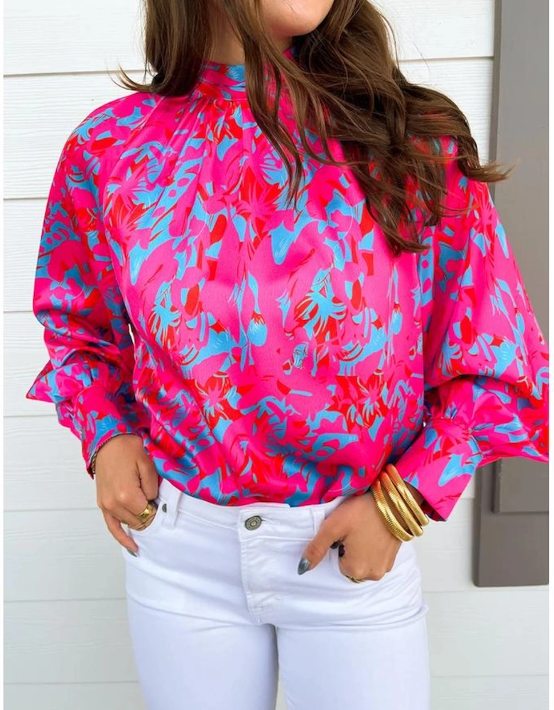 Purple Printed Bubble Sleeve Mock Neck Blouse