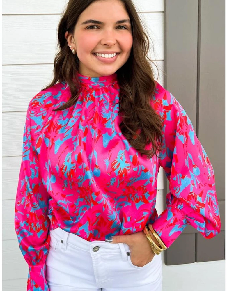 Purple Printed Bubble Sleeve Mock Neck Blouse