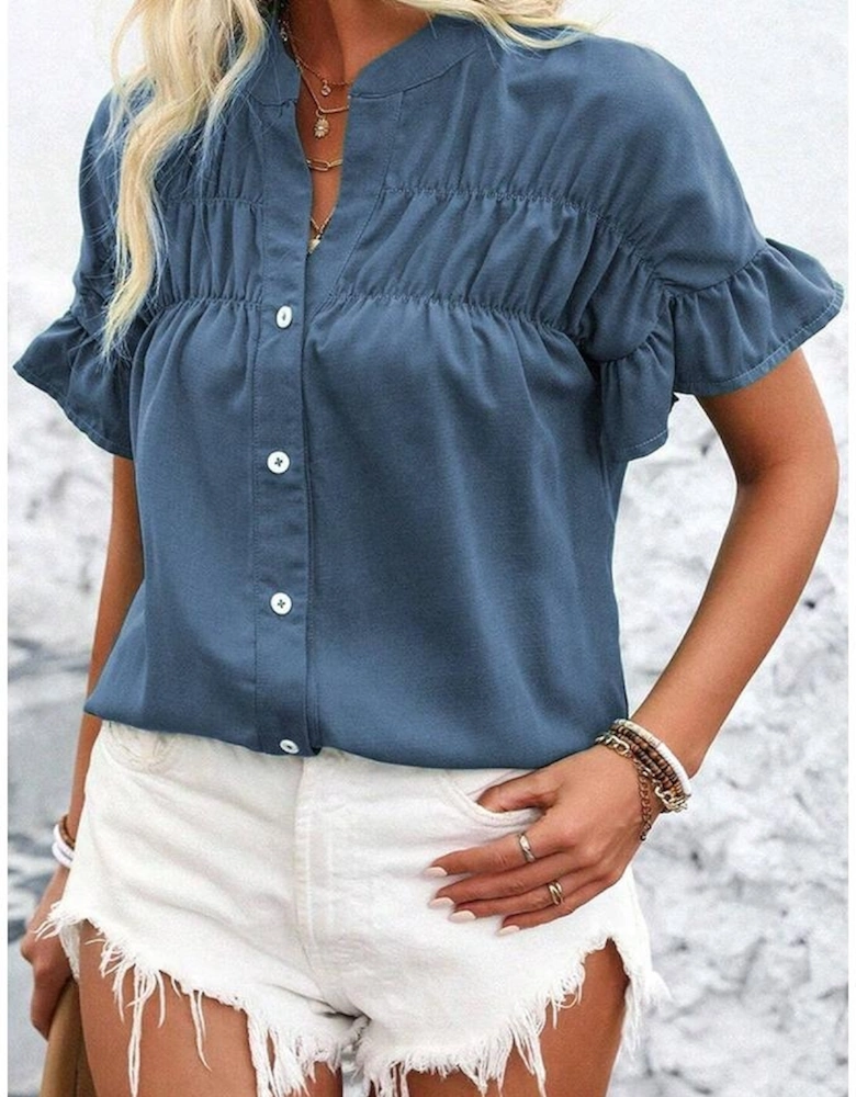 Real Teal Solid Color Ruffle Ruched Short Sleeve Buttoned Shirt