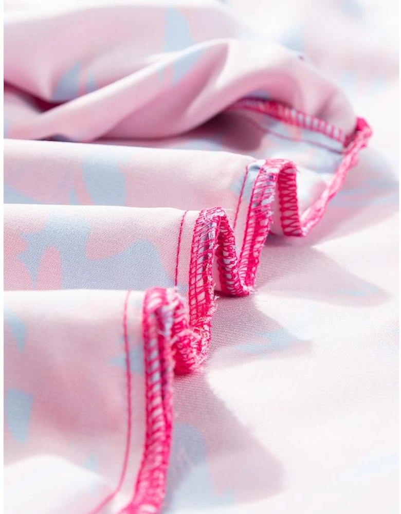 Purple Printed Bubble Sleeve Mock Neck Blouse