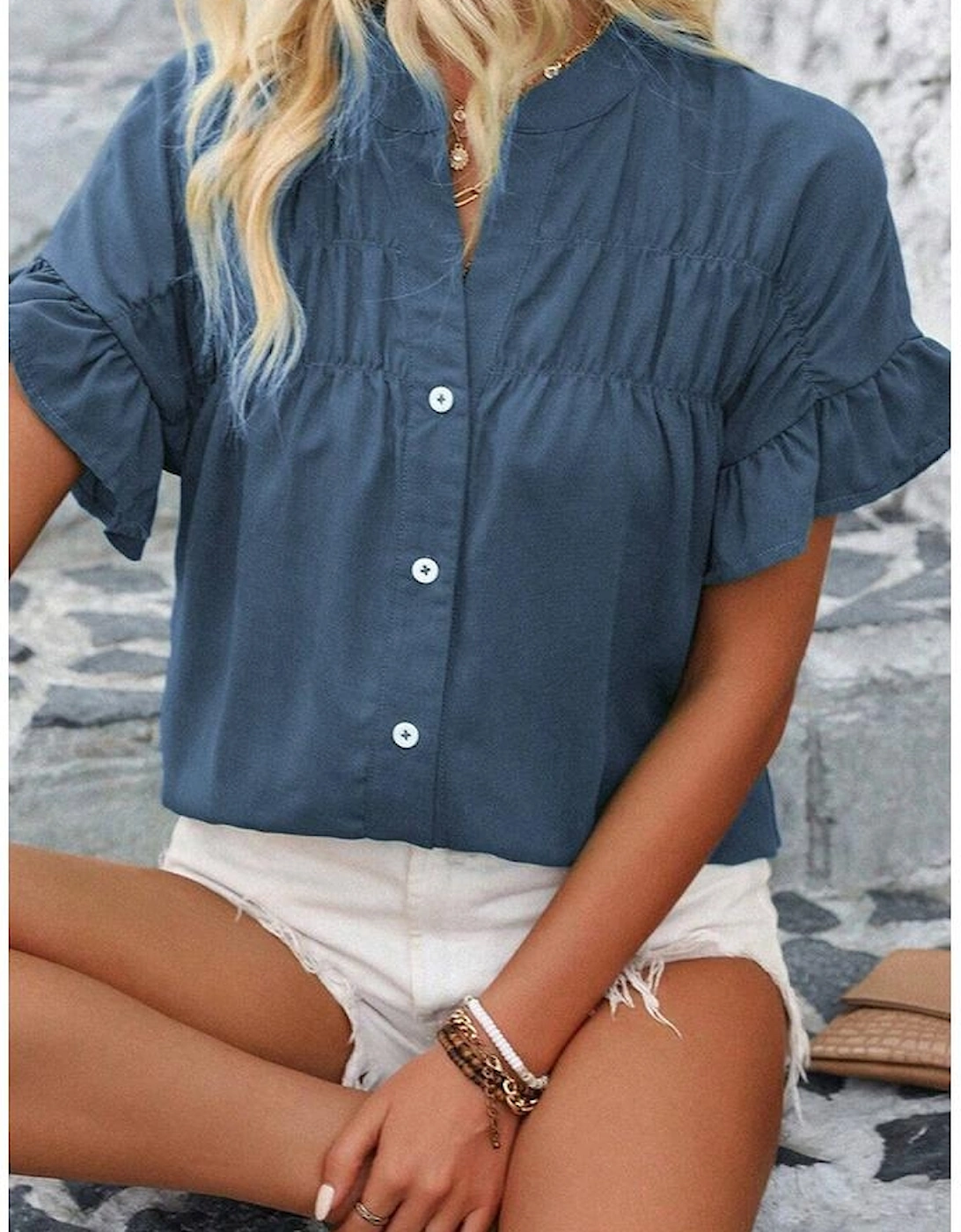 Real Teal Solid Color Ruffle Ruched Short Sleeve Buttoned Shirt