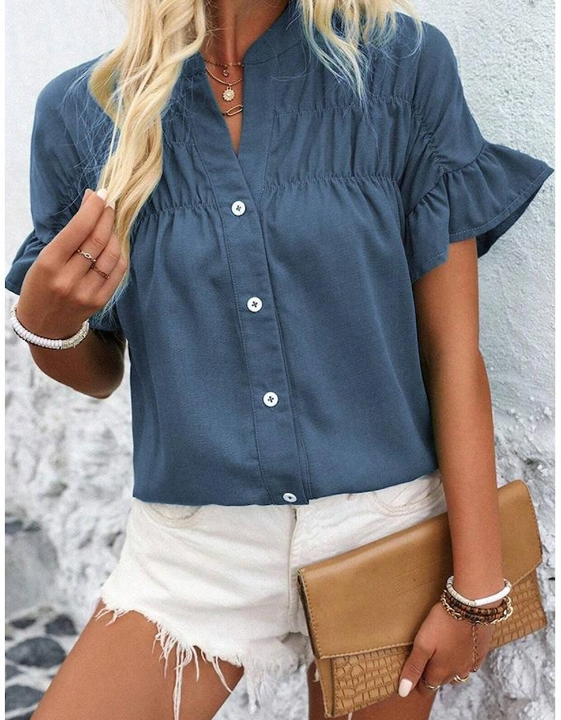 Real Teal Solid Color Ruffle Ruched Short Sleeve Buttoned Shirt