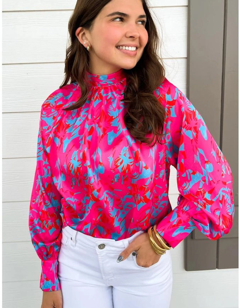 Purple Printed Bubble Sleeve Mock Neck Blouse