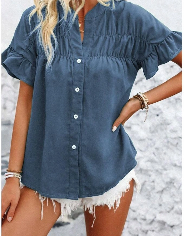 Real Teal Solid Color Ruffle Ruched Short Sleeve Buttoned Shirt