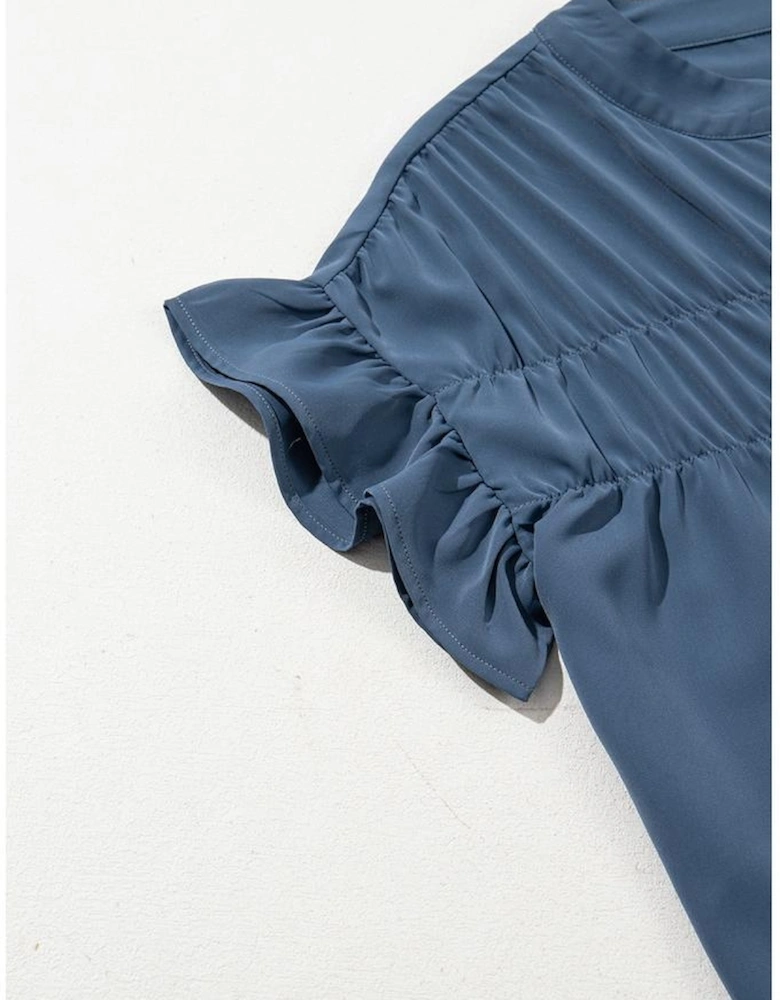 Real Teal Solid Color Ruffle Ruched Short Sleeve Buttoned Shirt