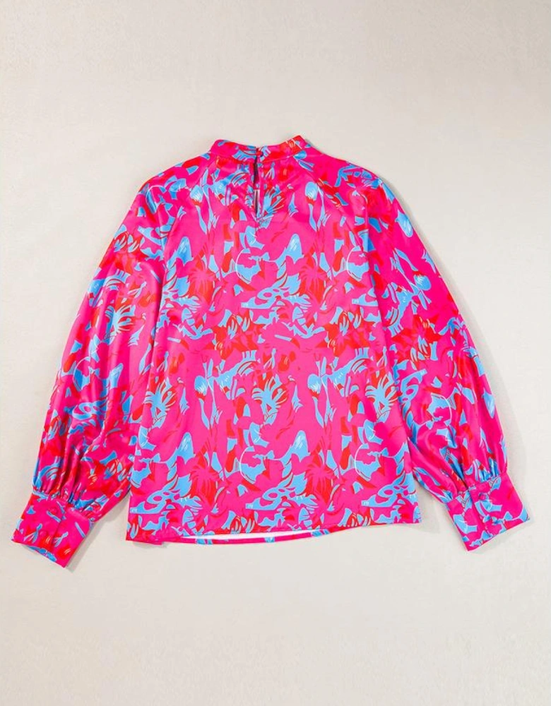 Purple Printed Bubble Sleeve Mock Neck Blouse
