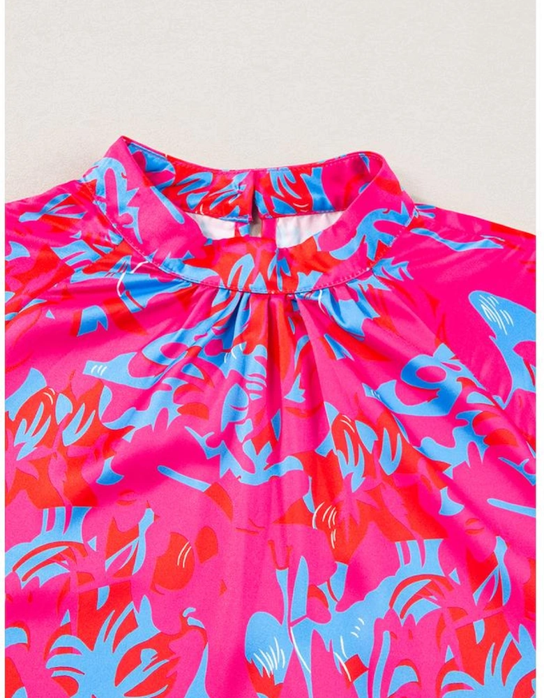 Purple Printed Bubble Sleeve Mock Neck Blouse