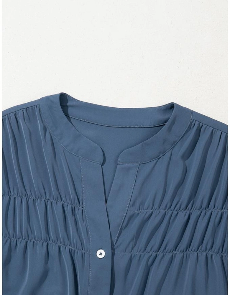 Real Teal Solid Color Ruffle Ruched Short Sleeve Buttoned Shirt