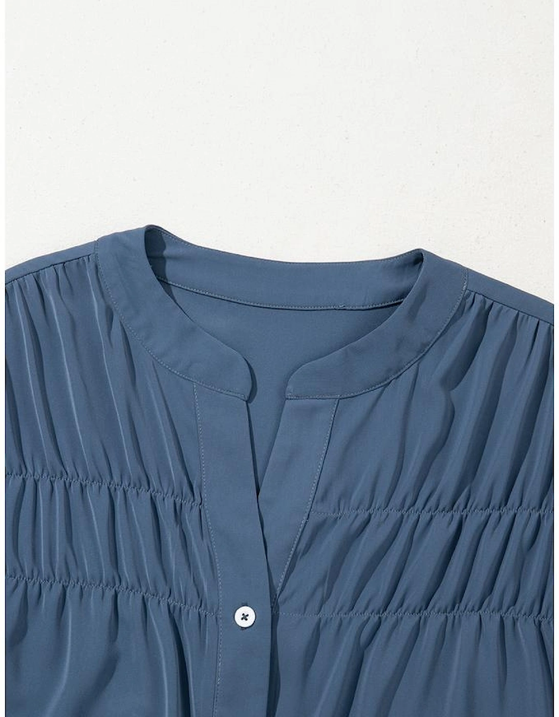 Real Teal Solid Color Ruffle Ruched Short Sleeve Buttoned Shirt