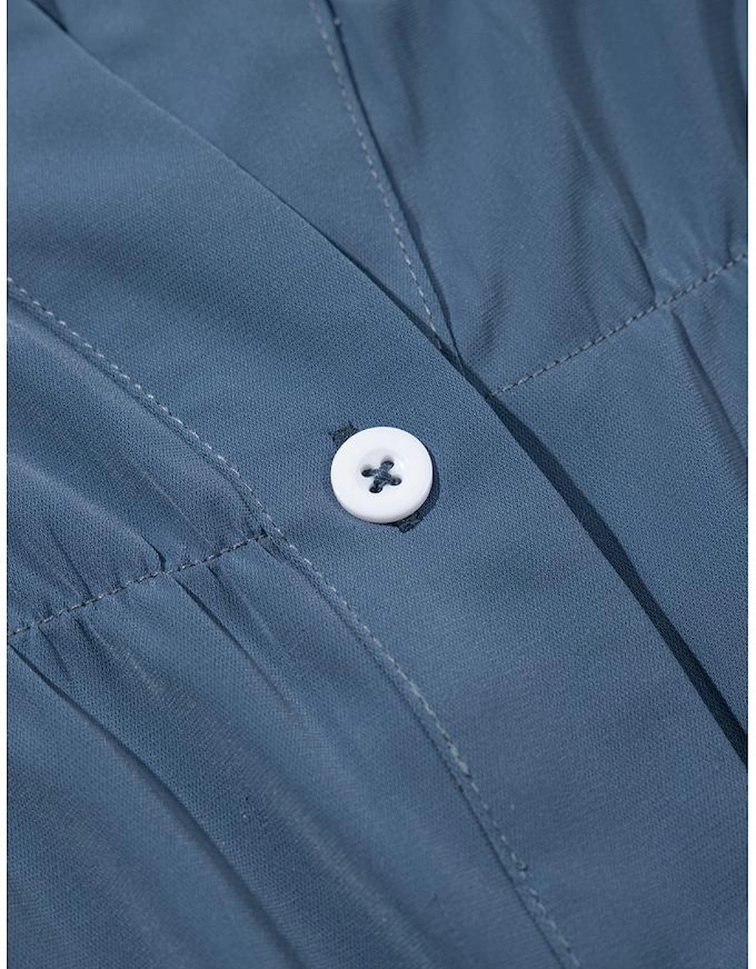 Real Teal Solid Color Ruffle Ruched Short Sleeve Buttoned Shirt