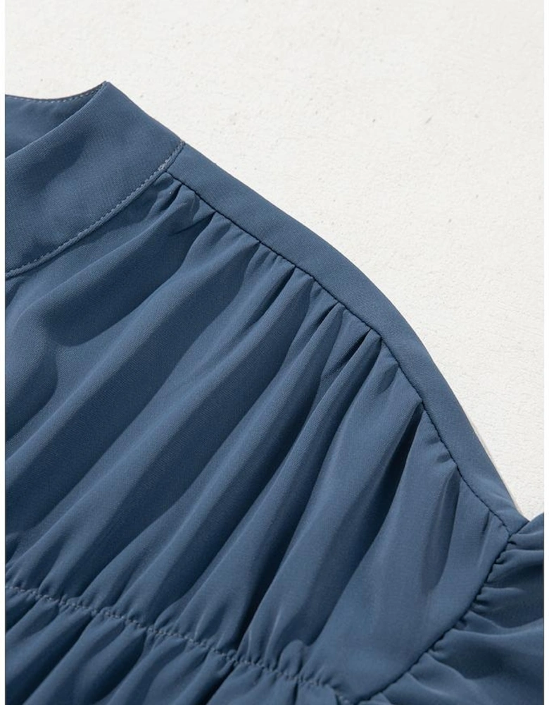 Real Teal Solid Color Ruffle Ruched Short Sleeve Buttoned Shirt