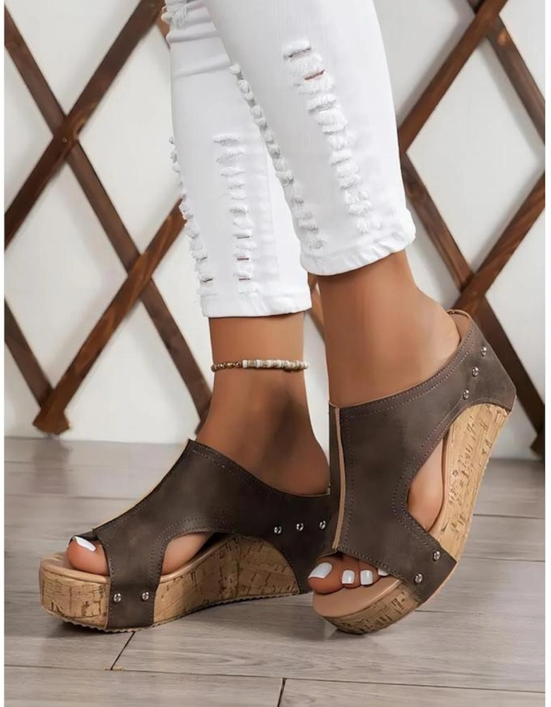 Chestnut Hollow Out Studded PU Leather Wedge Slippers