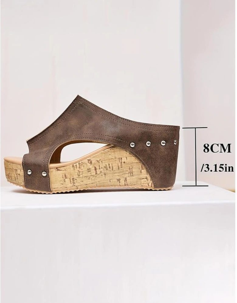 Chestnut Hollow Out Studded PU Leather Wedge Slippers