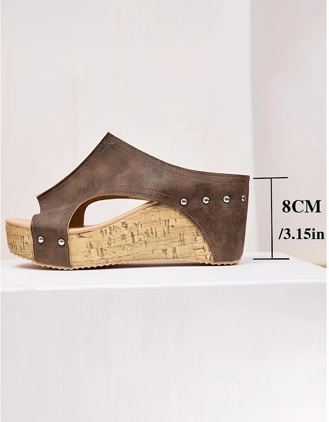 Chestnut Hollow Out Studded PU Leather Wedge Slippers