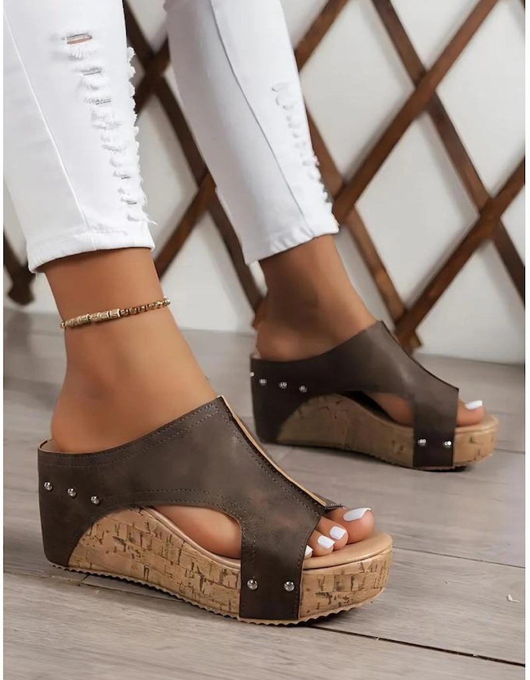 Chestnut Hollow Out Studded PU Leather Wedge Slippers