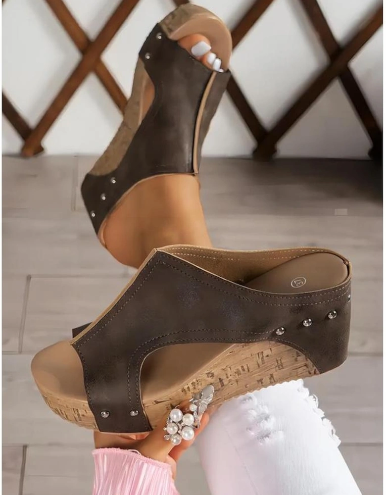 Chestnut Hollow Out Studded PU Leather Wedge Slippers