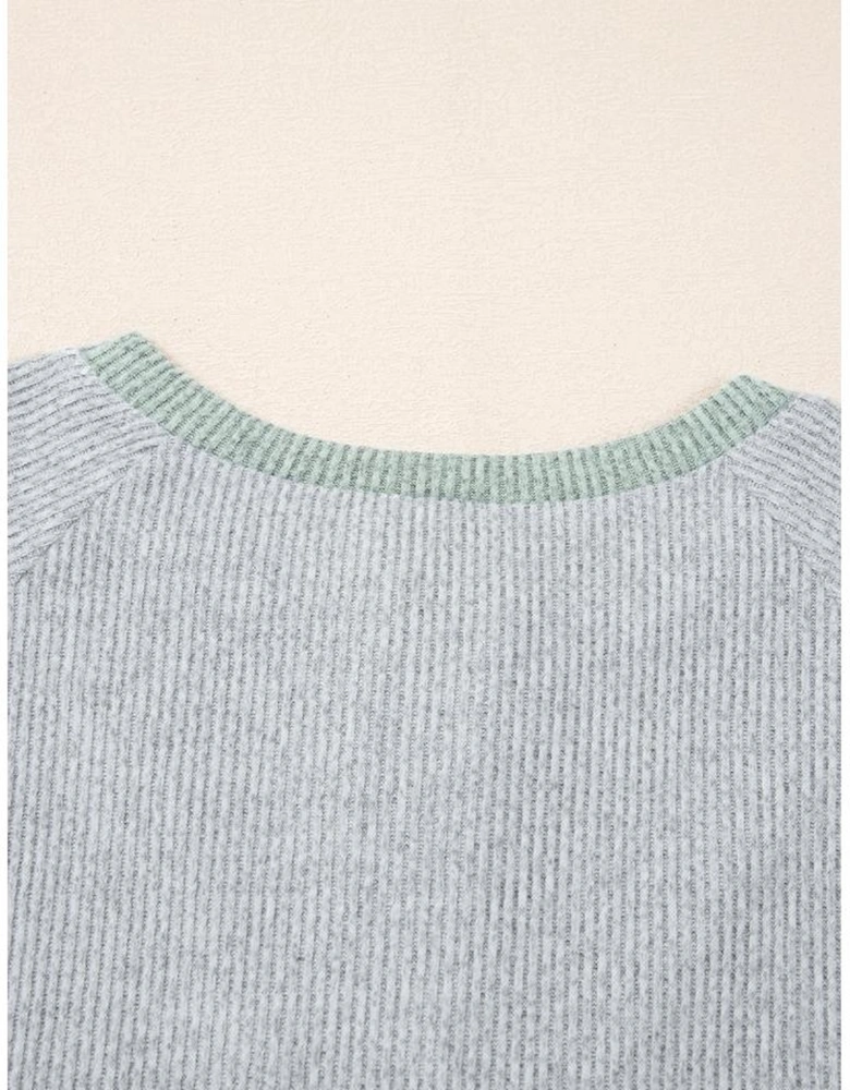 Light Grey Color Contrast Ribbed Loose Fit Long Sleeve Top