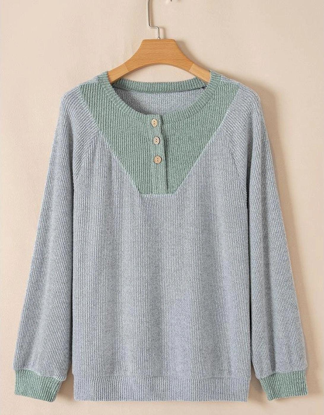 Light Grey Color Contrast Ribbed Loose Fit Long Sleeve Top