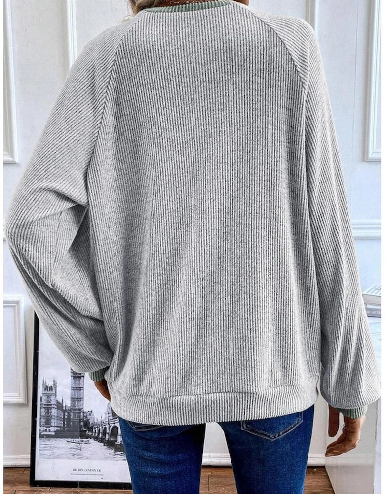 Light Grey Color Contrast Ribbed Loose Fit Long Sleeve Top
