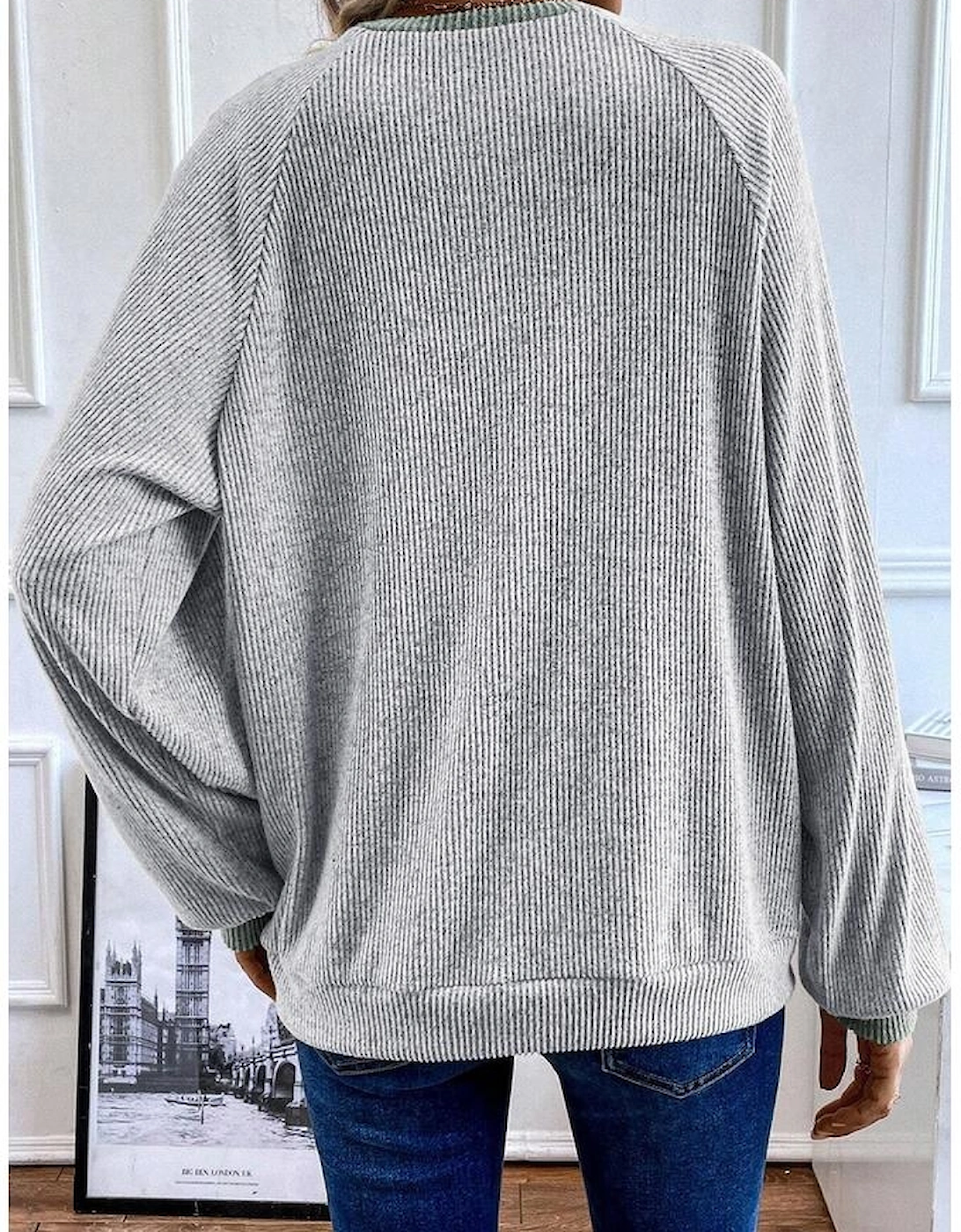 Light Grey Color Contrast Ribbed Loose Fit Long Sleeve Top, 10 of 9