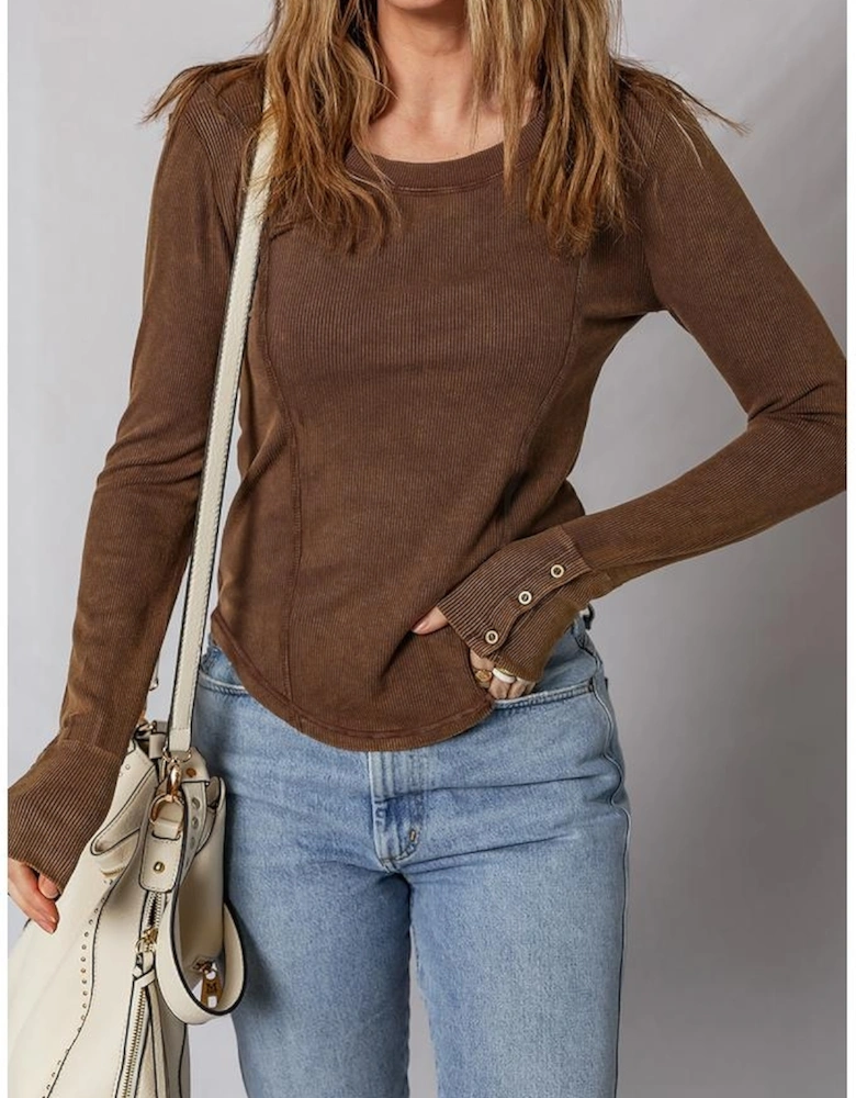 Coffee Exposed Seam Ribbed Long Sleeve Top