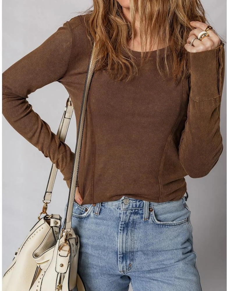 Coffee Exposed Seam Ribbed Long Sleeve Top