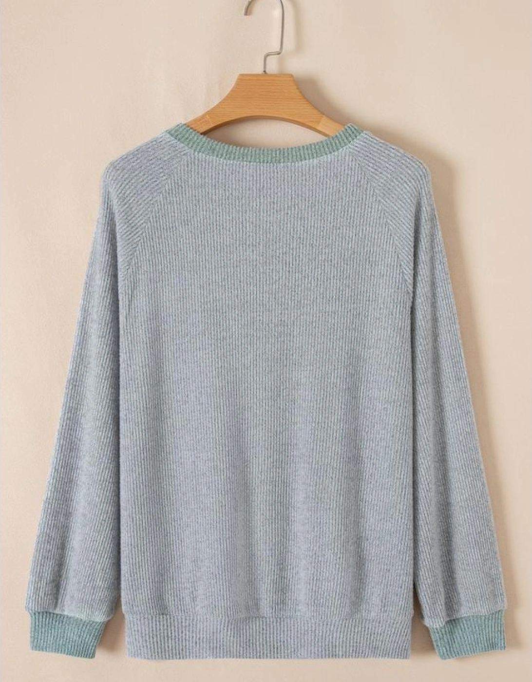 Light Grey Color Contrast Ribbed Loose Fit Long Sleeve Top