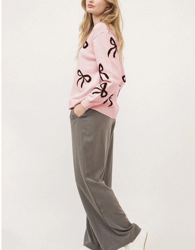 Light Pink Bow Pattern Knitted Loose Fit Sweater