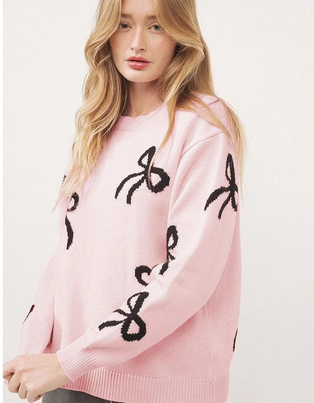 Light Pink Bow Pattern Knitted Loose Fit Sweater, 16 of 15