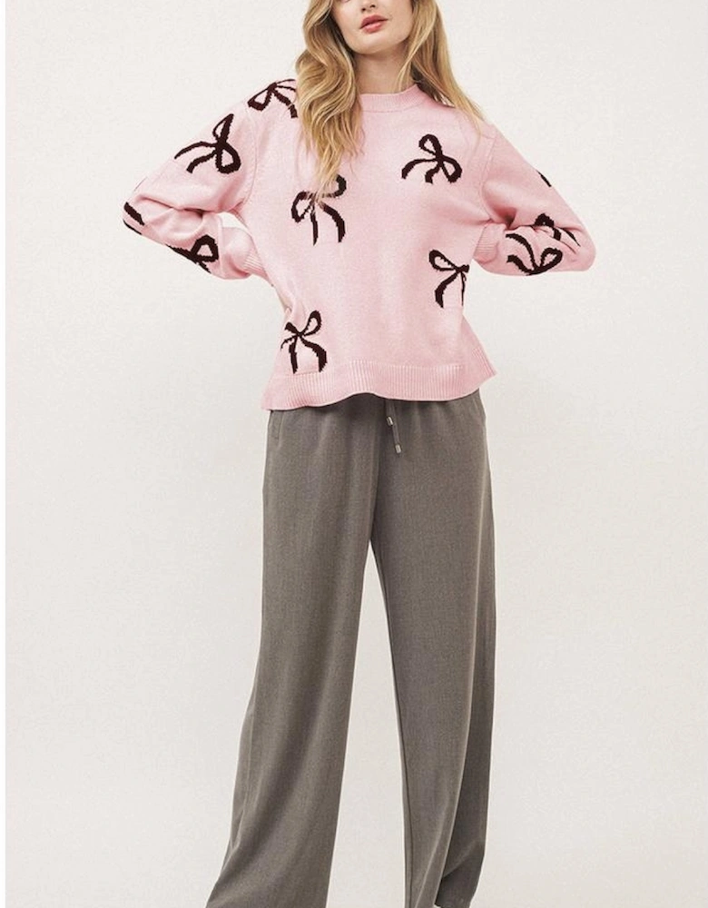 Light Pink Bow Pattern Knitted Loose Fit Sweater