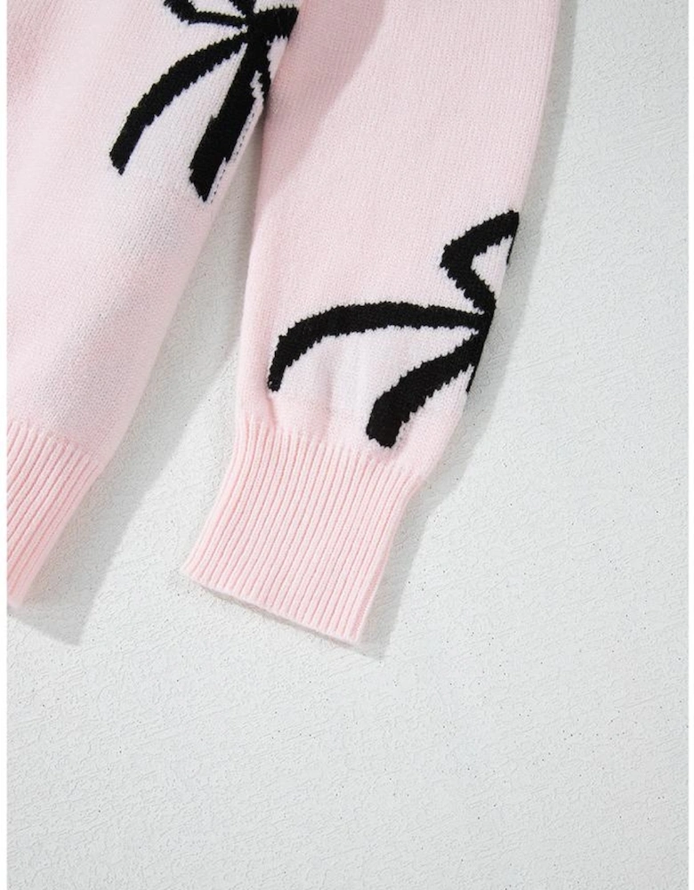 Light Pink Bow Pattern Knitted Loose Fit Sweater