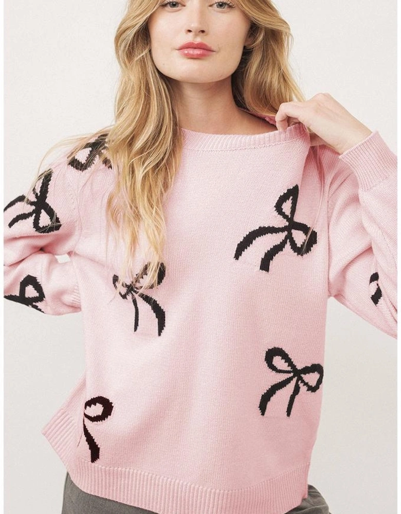 Light Pink Bow Pattern Knitted Loose Fit Sweater