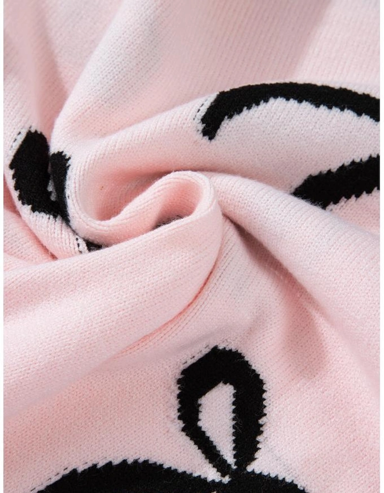 Light Pink Bow Pattern Knitted Loose Fit Sweater
