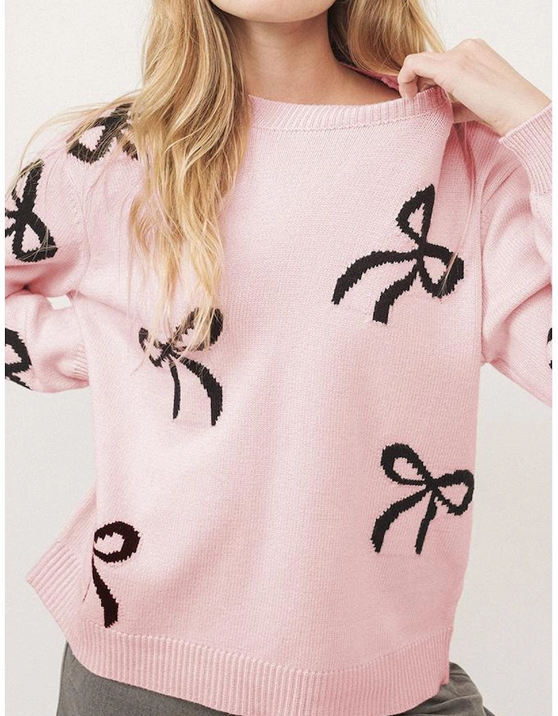 Light Pink Bow Pattern Knitted Loose Fit Sweater