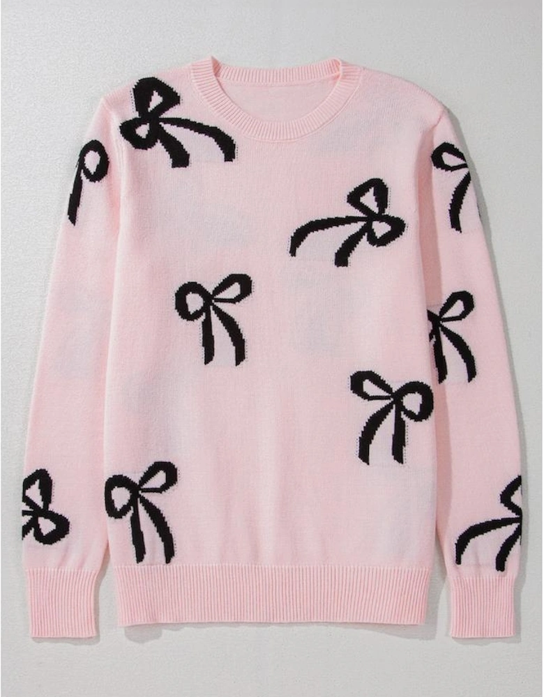 Light Pink Bow Pattern Knitted Loose Fit Sweater