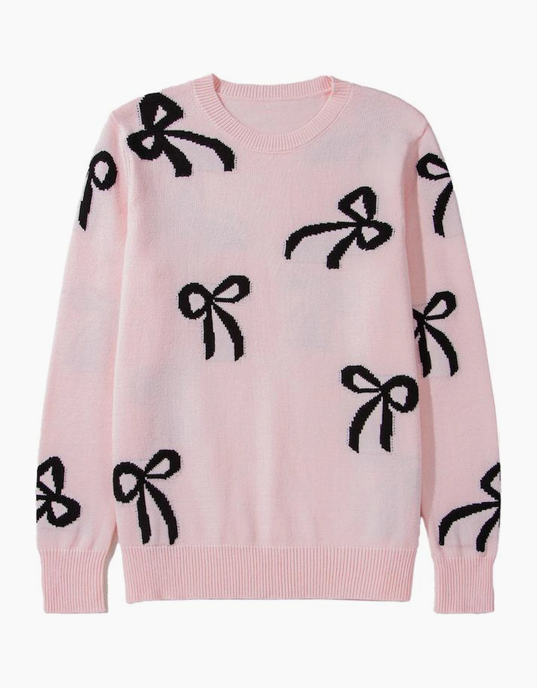 Light Pink Bow Pattern Knitted Loose Fit Sweater