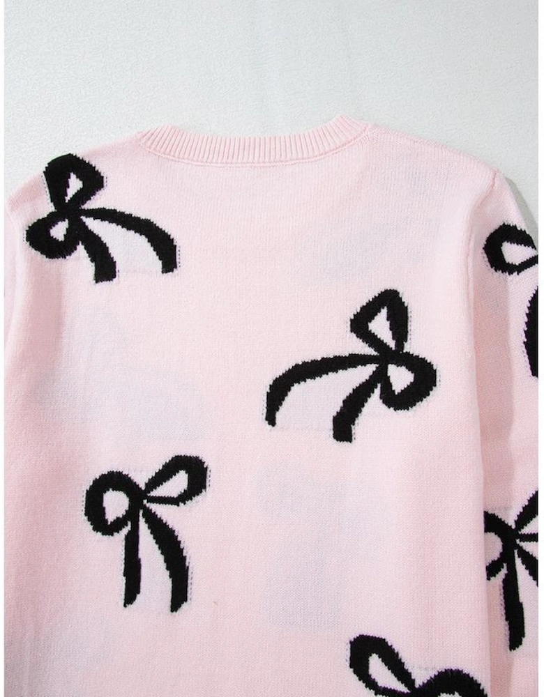 Light Pink Bow Pattern Knitted Loose Fit Sweater