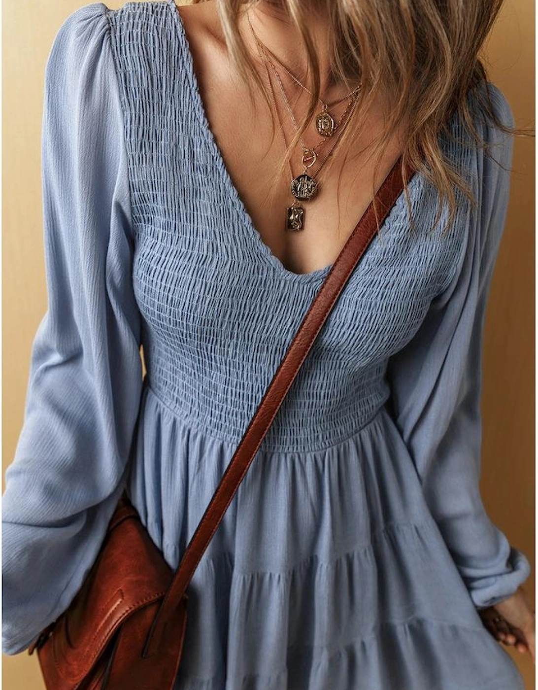 Ashleigh Blue Long Sleeve V Neck Smocked Tiered Mini Dress