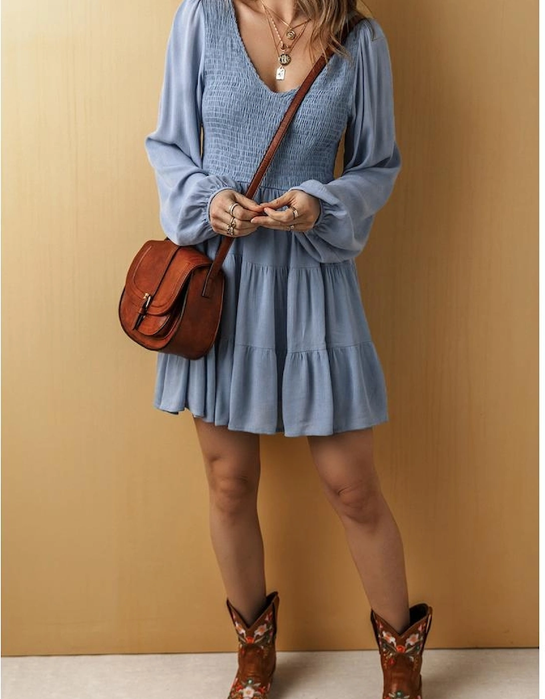 Ashleigh Blue Long Sleeve V Neck Smocked Tiered Mini Dress, 13 of 12