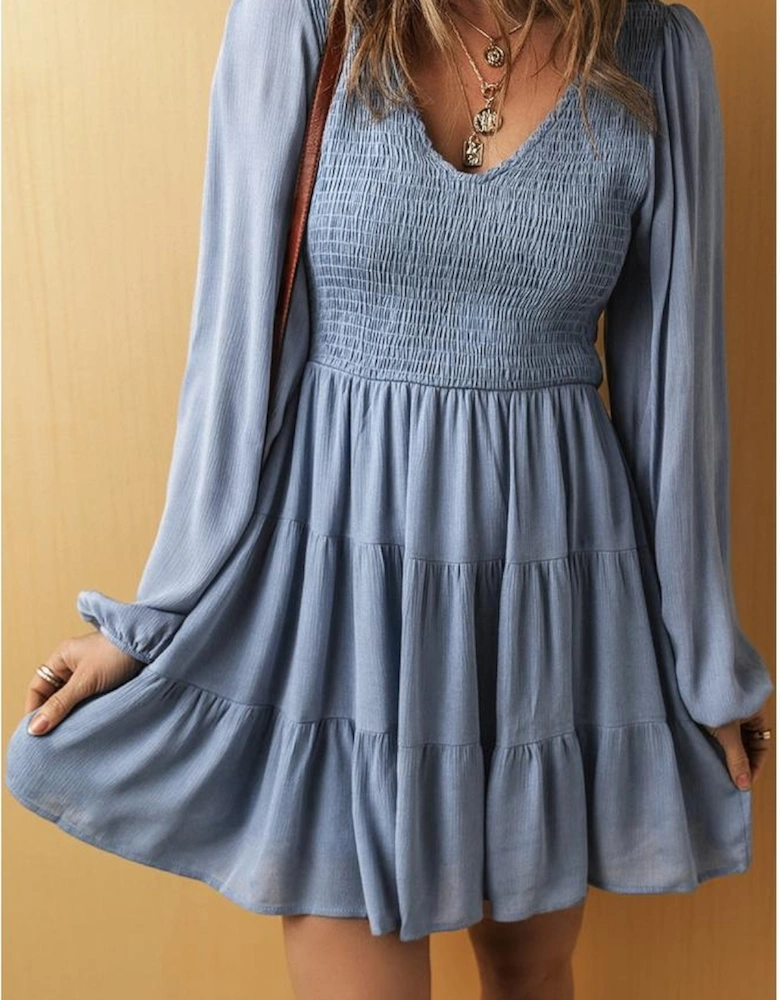 Ashleigh Blue Long Sleeve V Neck Smocked Tiered Mini Dress