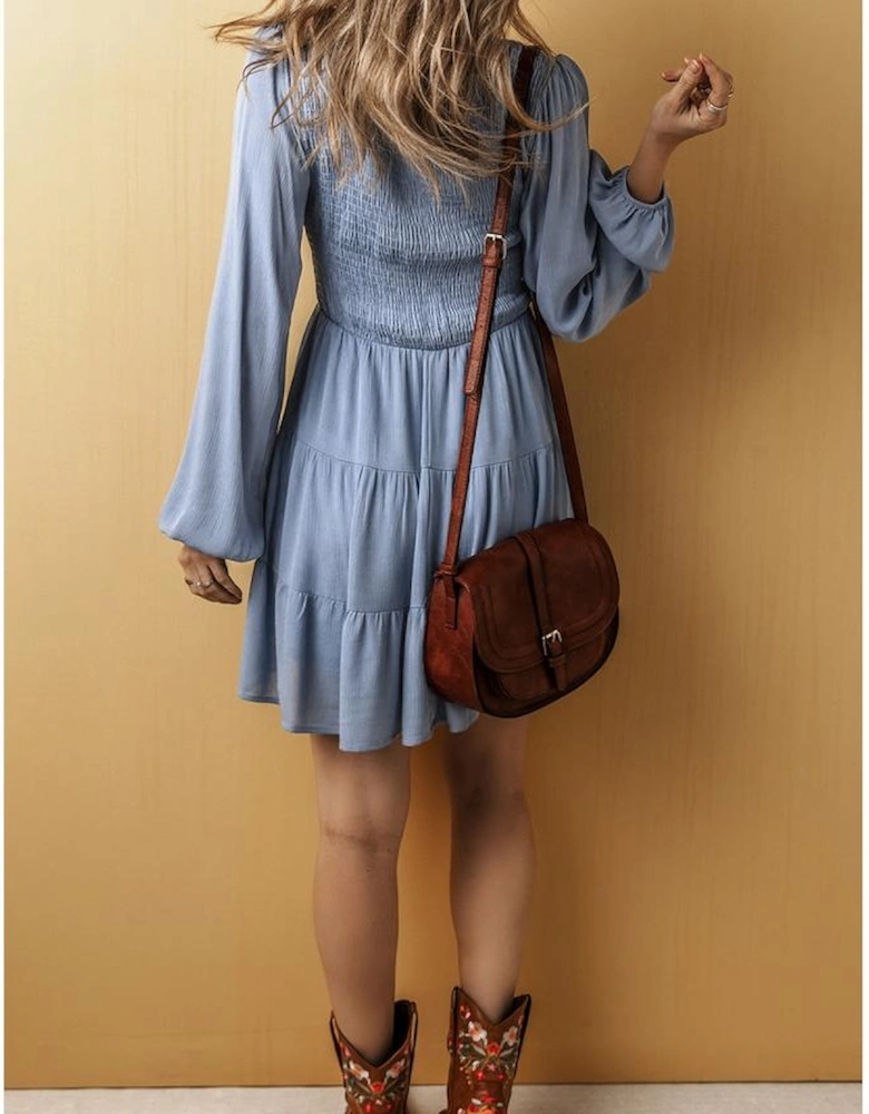 Ashleigh Blue Long Sleeve V Neck Smocked Tiered Mini Dress