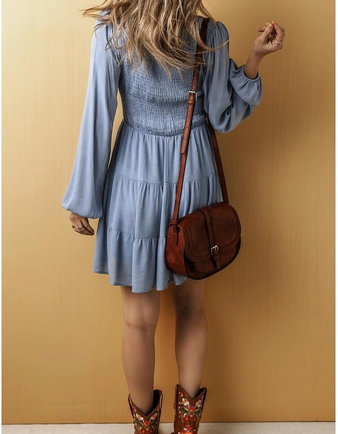 Ashleigh Blue Long Sleeve V Neck Smocked Tiered Mini Dress