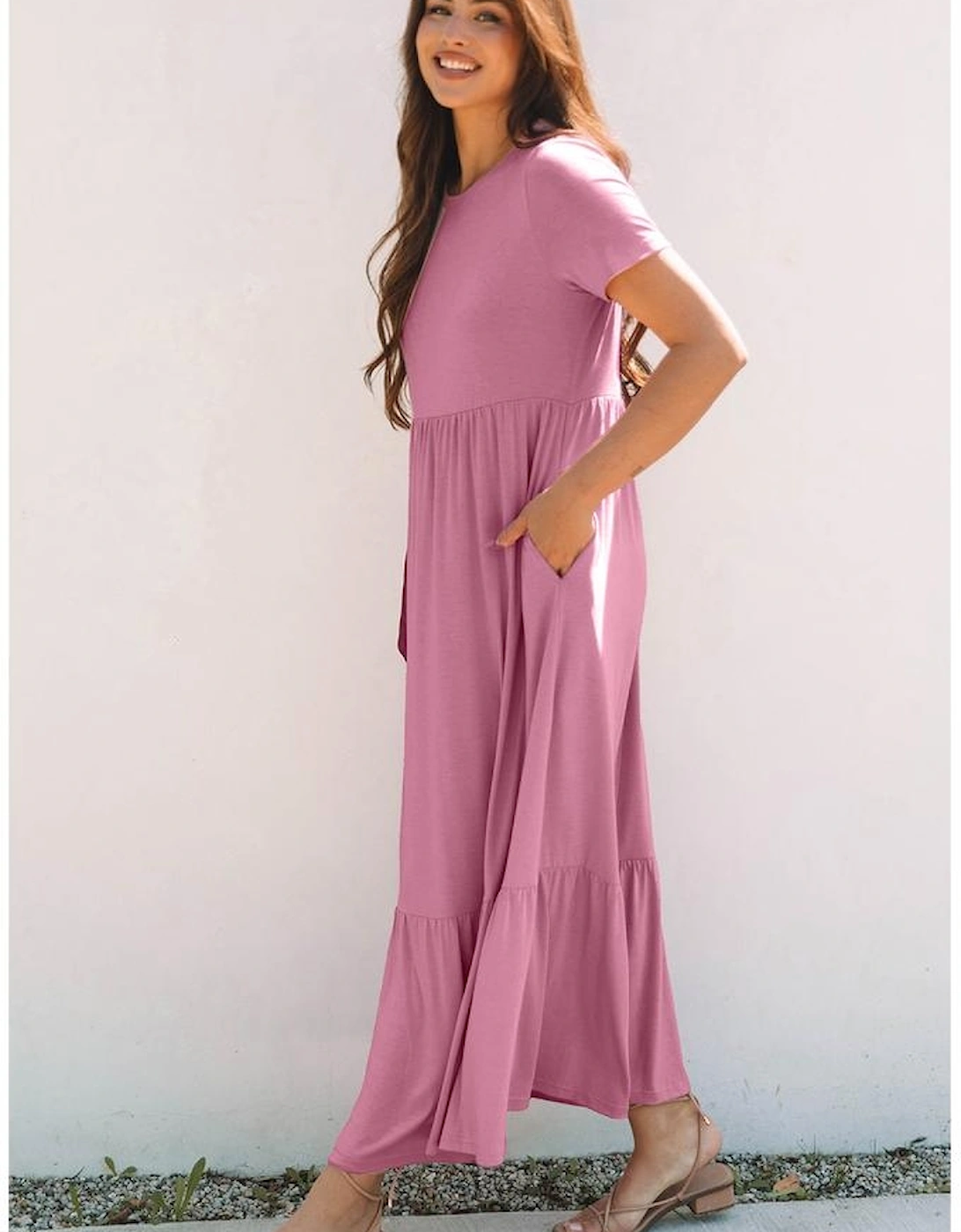 Pink Solid Color T-shirt High Waist Pocketed Long Dress