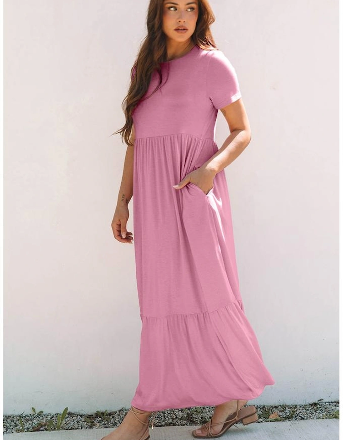 Pink Solid Color T-shirt High Waist Pocketed Long Dress