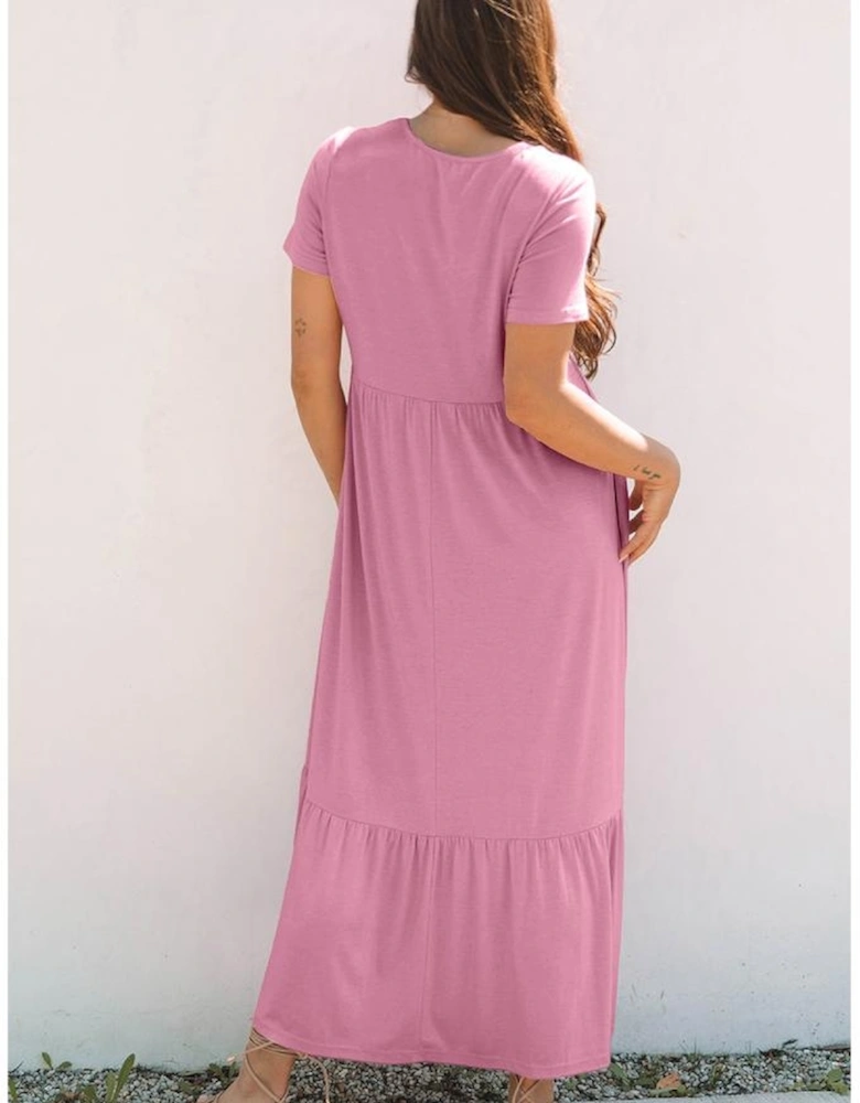 Pink Solid Color T-shirt High Waist Pocketed Long Dress