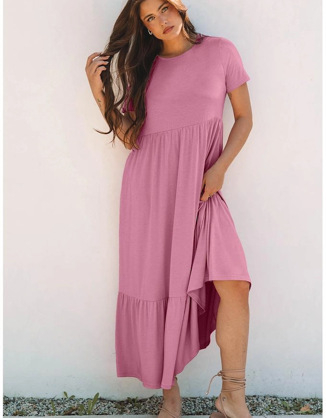 Pink Solid Color T-shirt High Waist Pocketed Long Dress