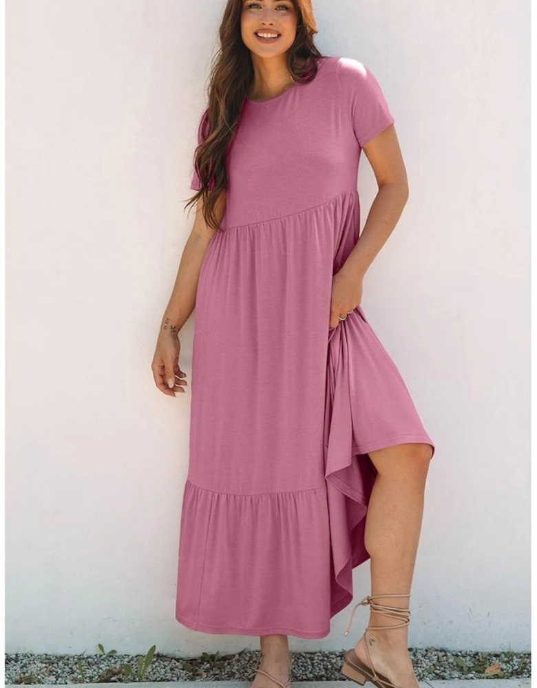 Pink Solid Color T-shirt High Waist Pocketed Long Dress