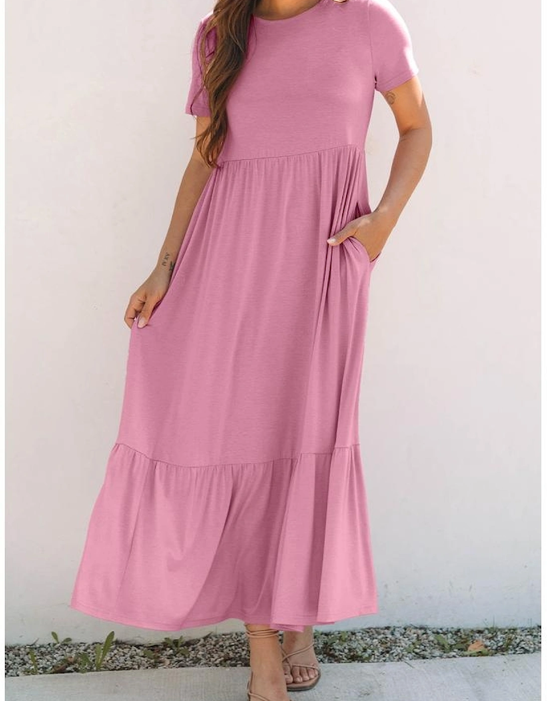 Pink Solid Color T-shirt High Waist Pocketed Long Dress
